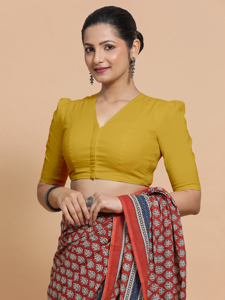 Kriti x Rozaana Saree Blouse, in Yellow Cotton, featuring elbow sleeves and v-neckline, made for daily & work (view 8).