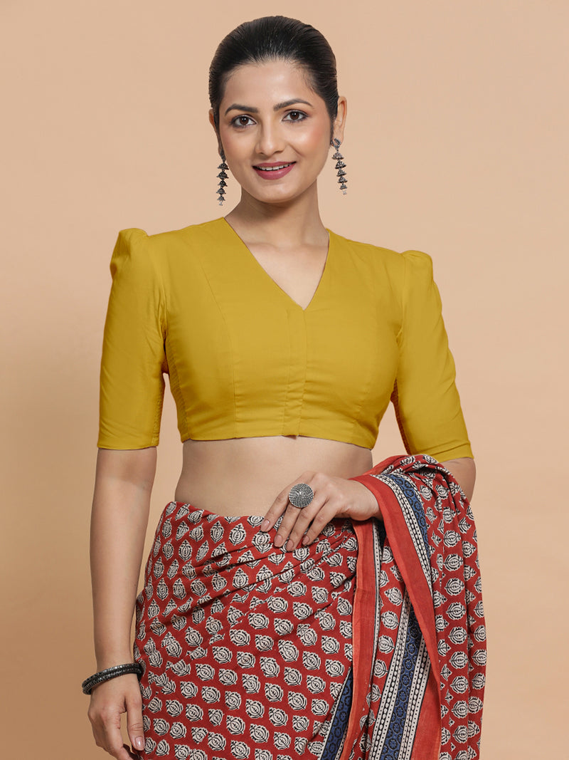 Kriti x Rozaana | V-Neck Sunny Yellow Plain Cotton Saree Blouse-Binks