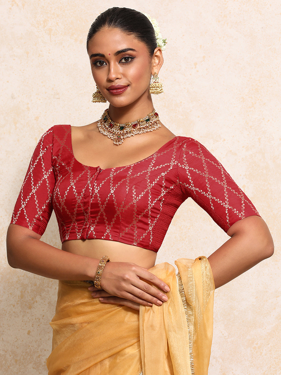 Kumkum x Tyohaar | Elbow Sleeves Saree Blouse in Berry Red Vine Mesh Brocade