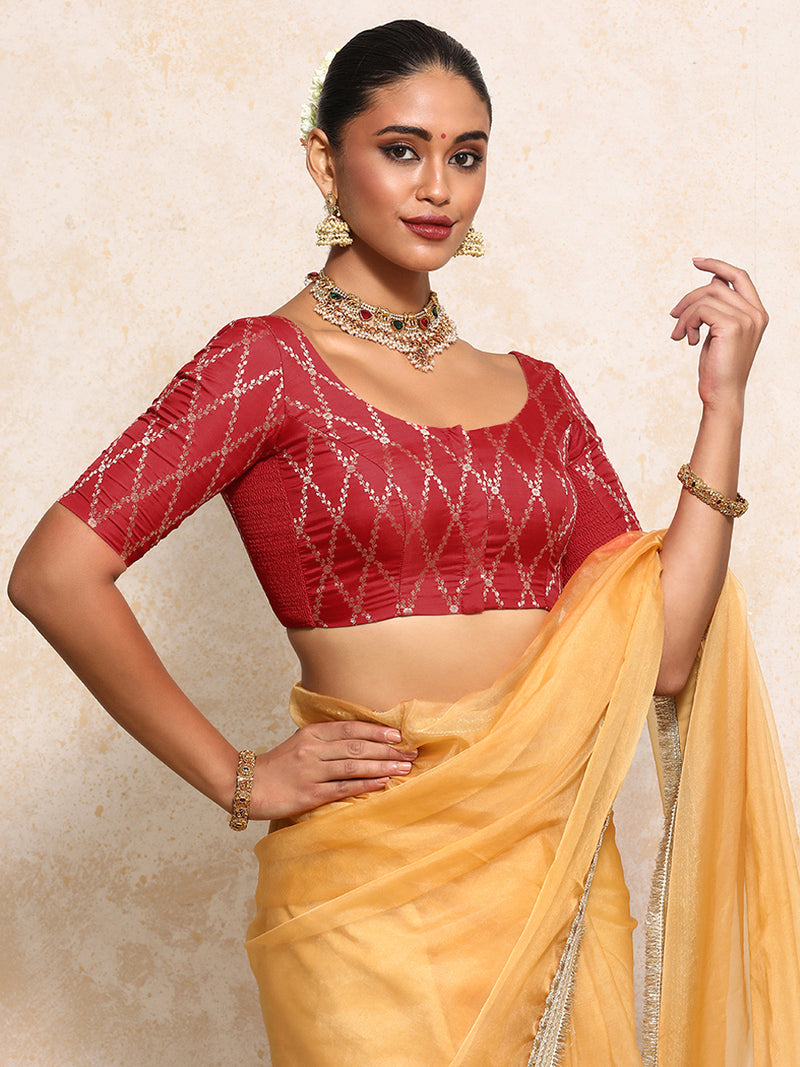 Kumkum x Tyohaar | Elbow Sleeves Saree Blouse in Berry Red Vine Mesh Brocade-Binks