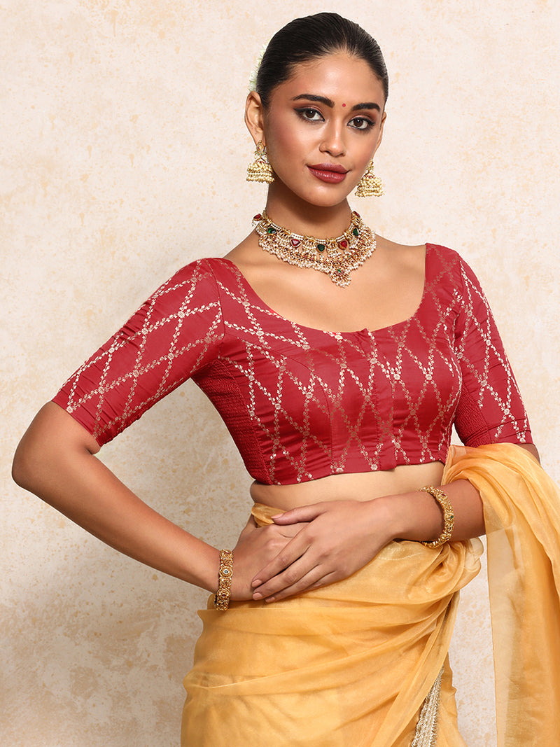 Kumkum x Tyohaar | Elbow Sleeves Saree Blouse in Berry Red Vine Mesh Brocade-Binks