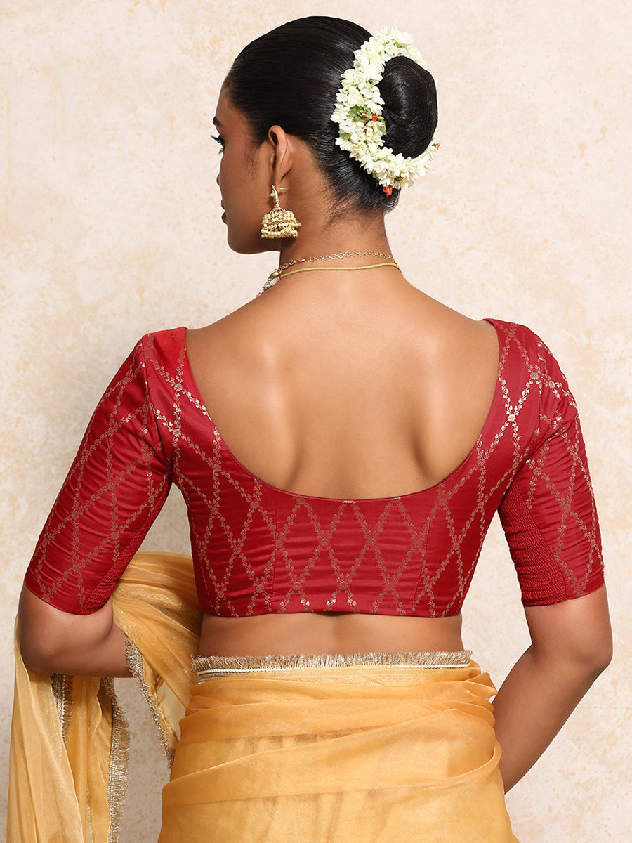 Kumkum x Tyohaar Saree Blouse, in Red Viscose Silk Brocade, featuring elbow sleeves and round neckline (view 2).