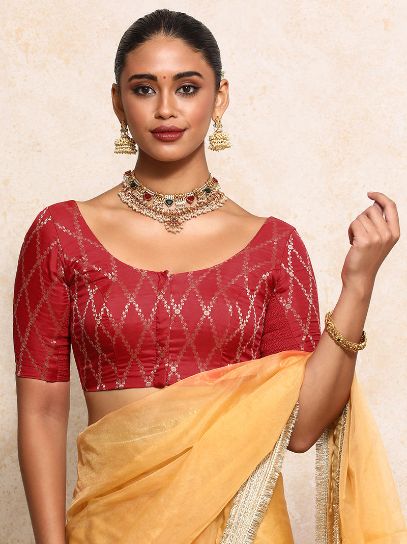 Kumkum x Tyohaar | Elbow Sleeves Saree Blouse in Berry Red Vine Mesh Brocade-Binks