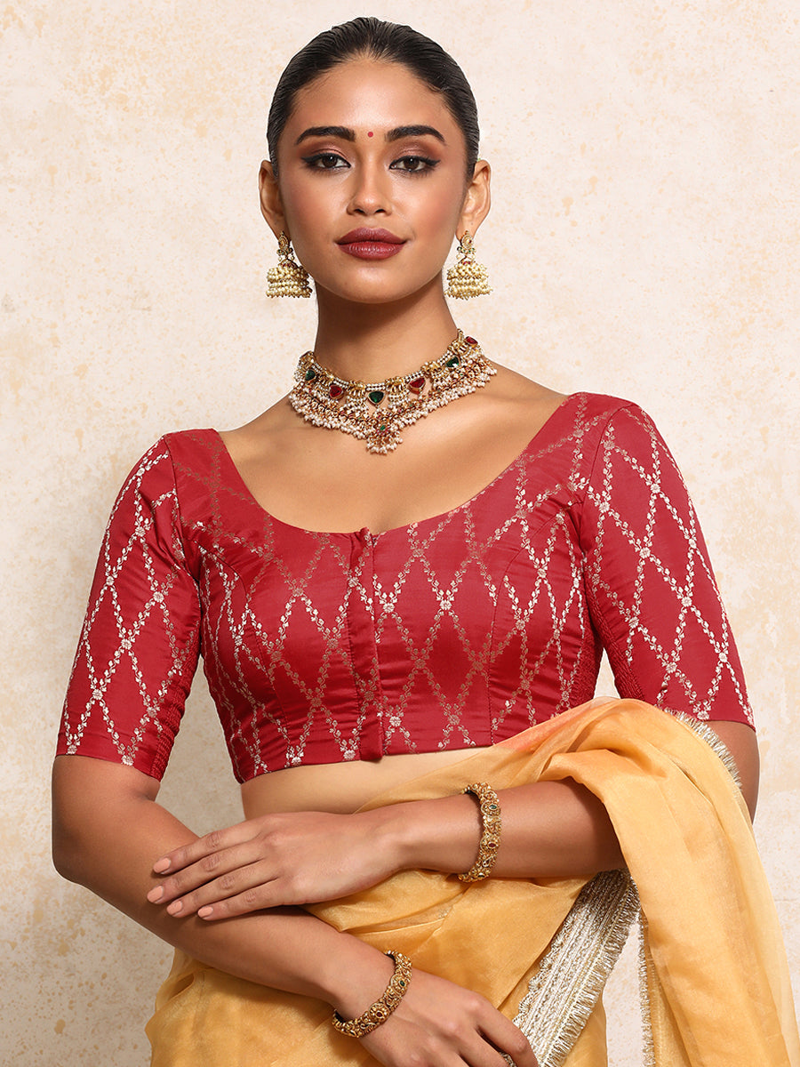 Kumkum x Tyohaar Saree Blouse, in Red Viscose Silk Brocade, featuring elbow sleeves and round neckline (view 6).