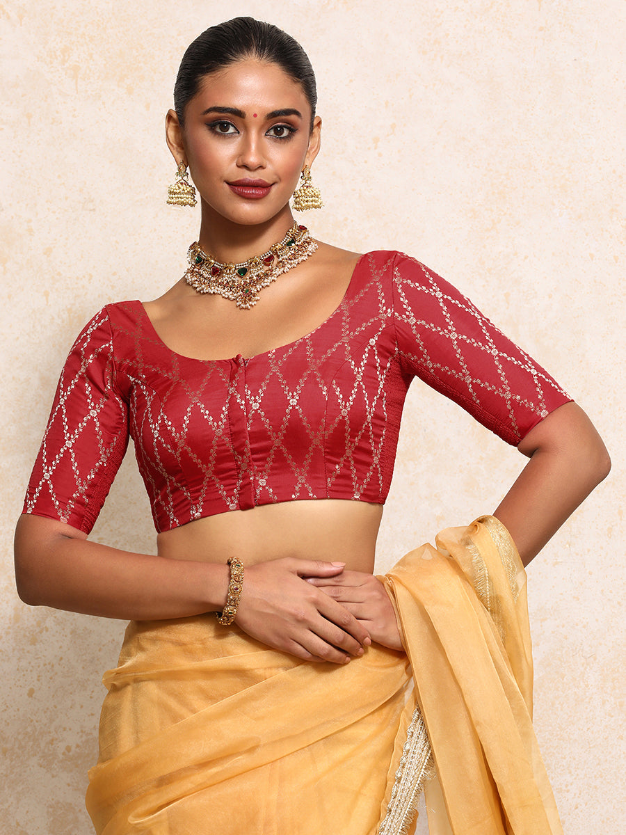 Kumkum x Tyohaar Saree Blouse, in Red Viscose Silk Brocade, featuring elbow sleeves and round neckline (view 7).