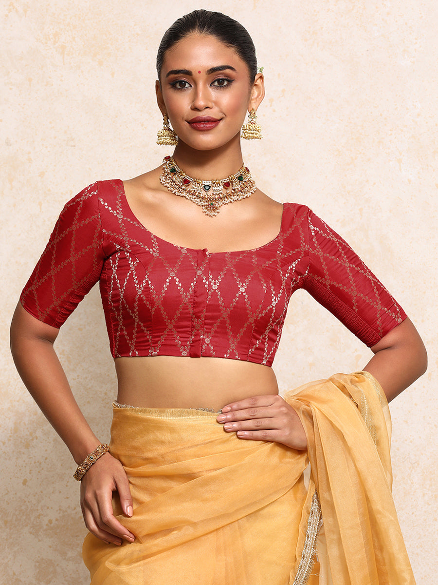Kumkum x Tyohaar Saree Blouse, in Red Viscose Silk Brocade, featuring elbow sleeves and round neckline (view 8).