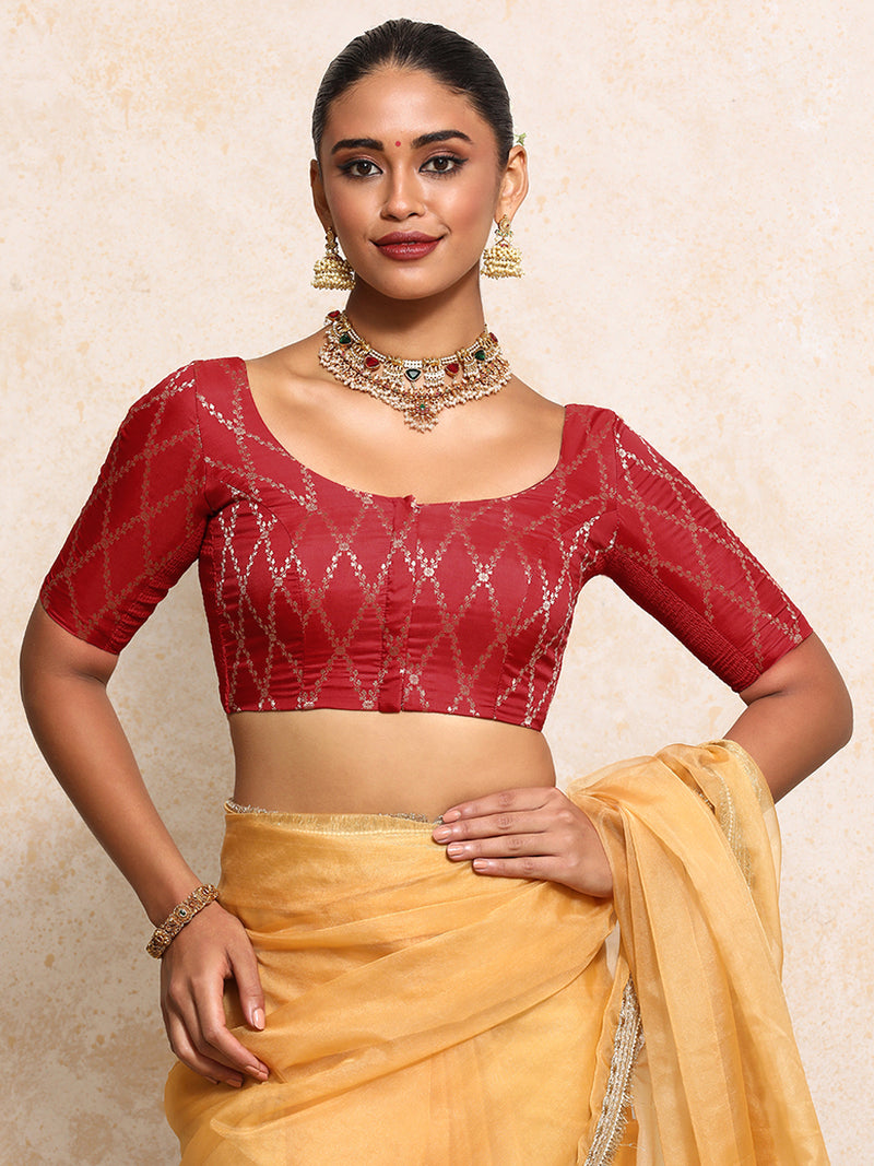 Kumkum x Tyohaar | Elbow Sleeves Saree Blouse in Berry Red Vine Mesh Brocade-Binks