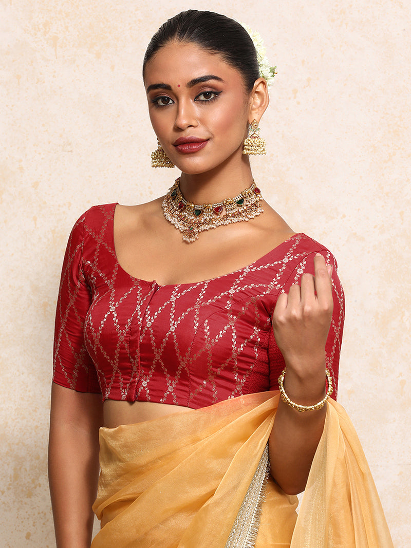 Kumkum x Tyohaar | Elbow Sleeves Saree Blouse in Berry Red Vine Mesh Brocade-Binks