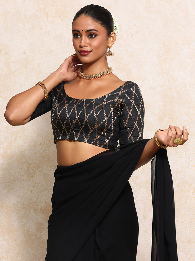 Kumkum x Tyohaar | Elbow Sleeves Saree Blouse in Cosmic Black Vine Mesh Brocade-Binks