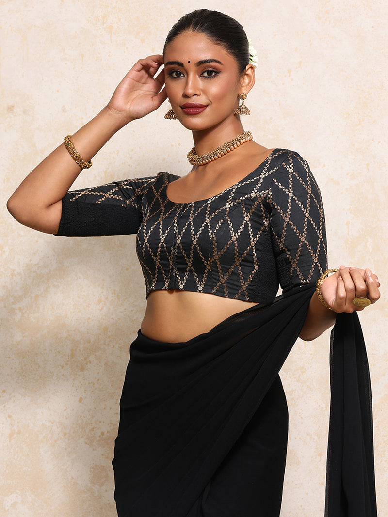Kumkum x Tyohaar | Elbow Sleeves Saree Blouse in Cosmic Black Vine Mesh Brocade-Binks