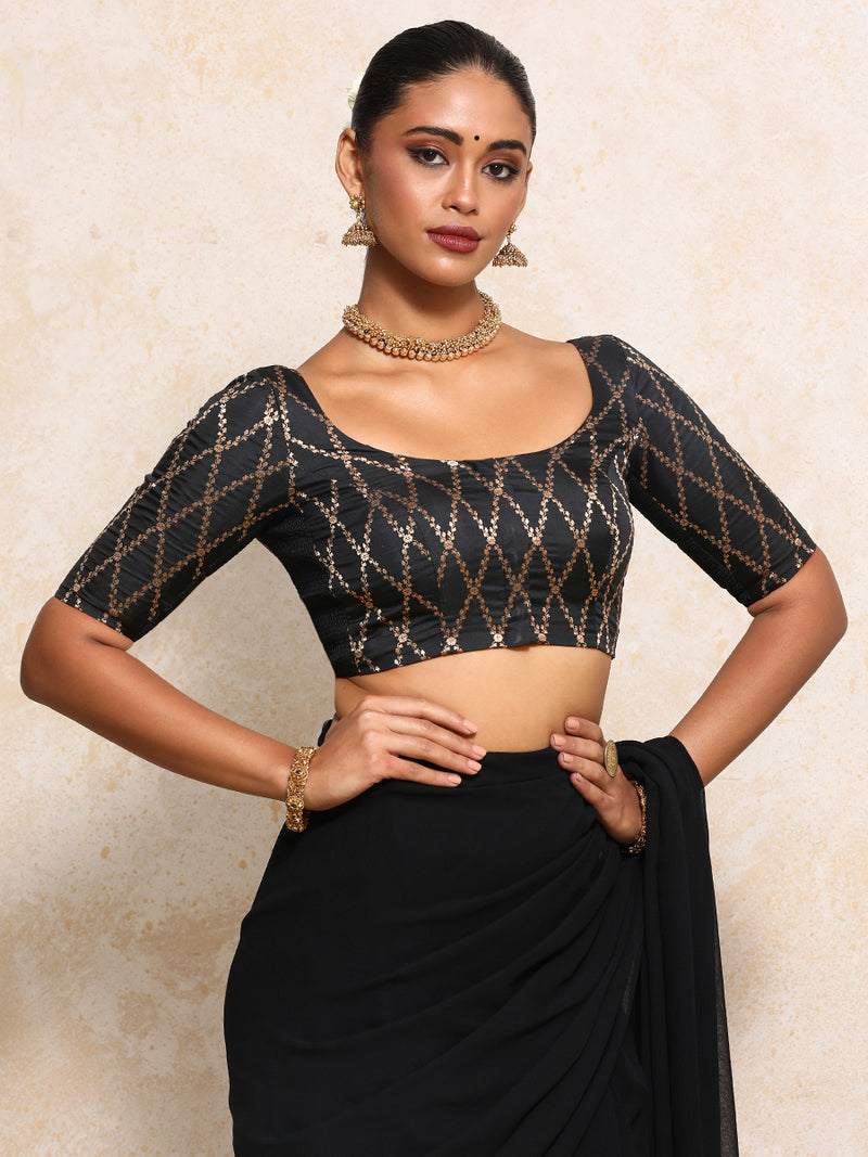 Kumkum x Tyohaar | Elbow Sleeves Saree Blouse in Cosmic Black Vine Mesh Brocade-Binks