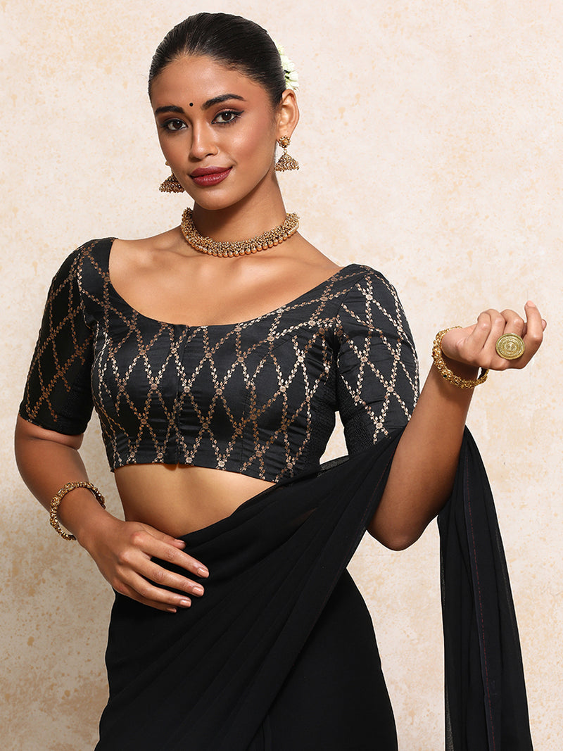 Kumkum x Tyohaar | Elbow Sleeves Saree Blouse in Cosmic Black Vine Mesh Brocade-Binks