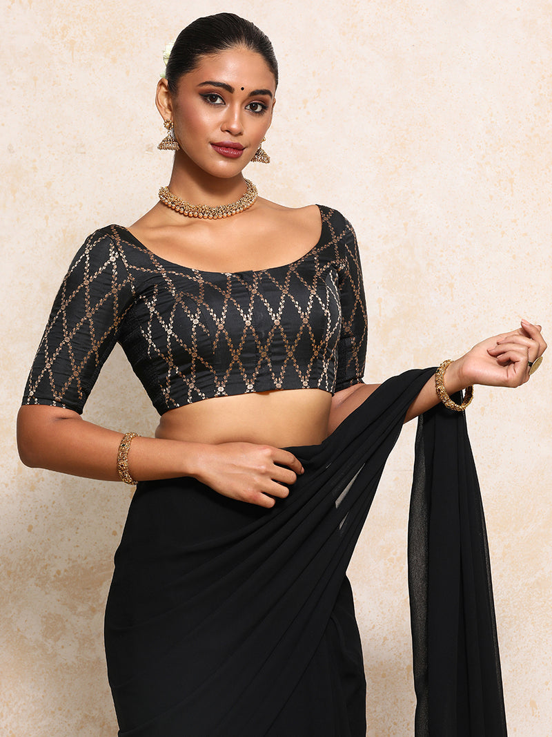 Kumkum x Tyohaar | Elbow Sleeves Saree Blouse in Cosmic Black Vine Mesh Brocade-Binks