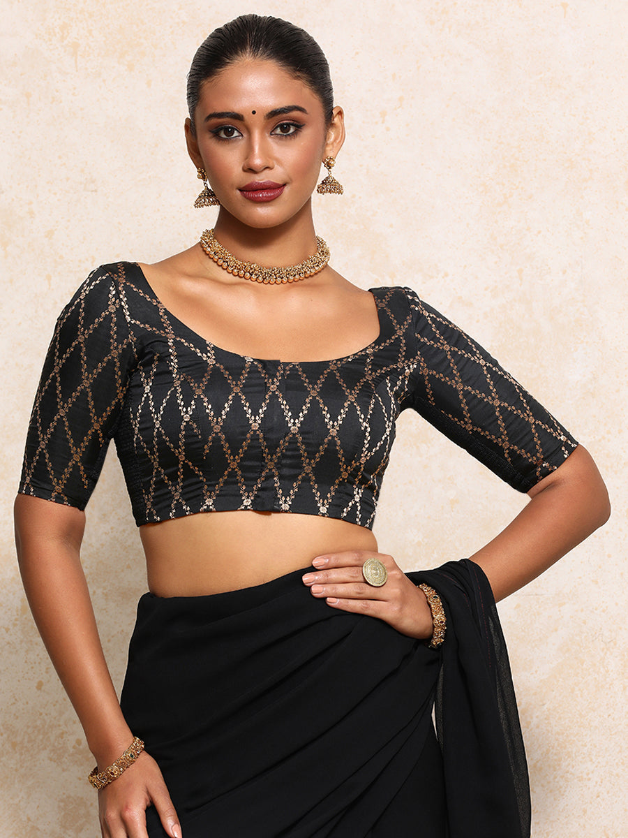 Kumkum x Tyohaar Saree Blouse, in Black Viscose Silk Brocade, featuring elbow sleeves and round neckline (view 6).