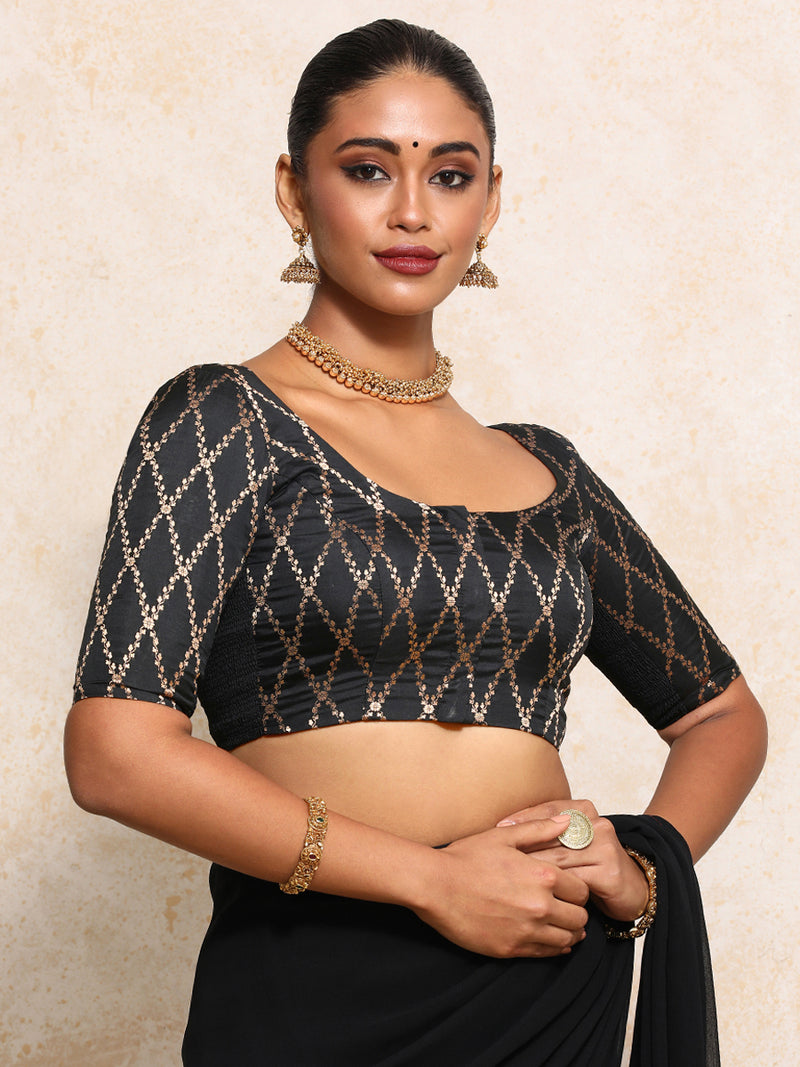 Kumkum x Tyohaar | Elbow Sleeves Saree Blouse in Cosmic Black Vine Mesh Brocade-Binks