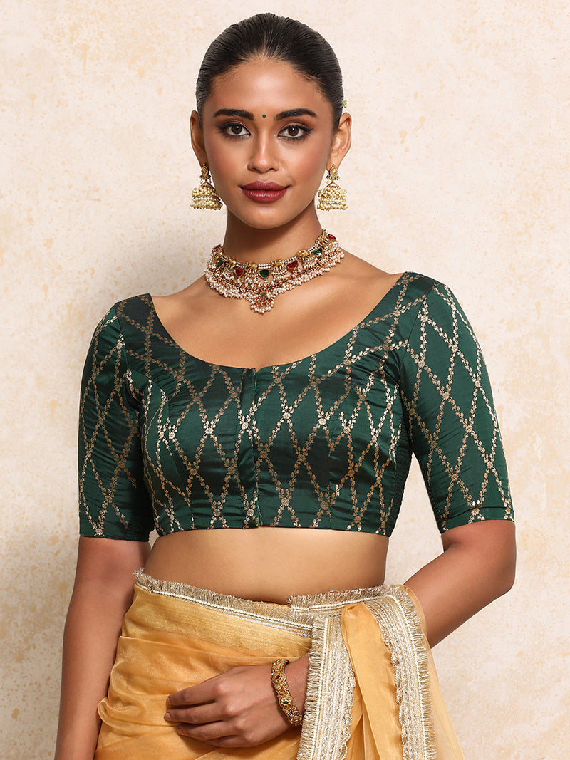 Kumkum x Tyohaar | Elbow Sleeves Saree Blouse in Dark Green Vine Mesh Brocade-Binks