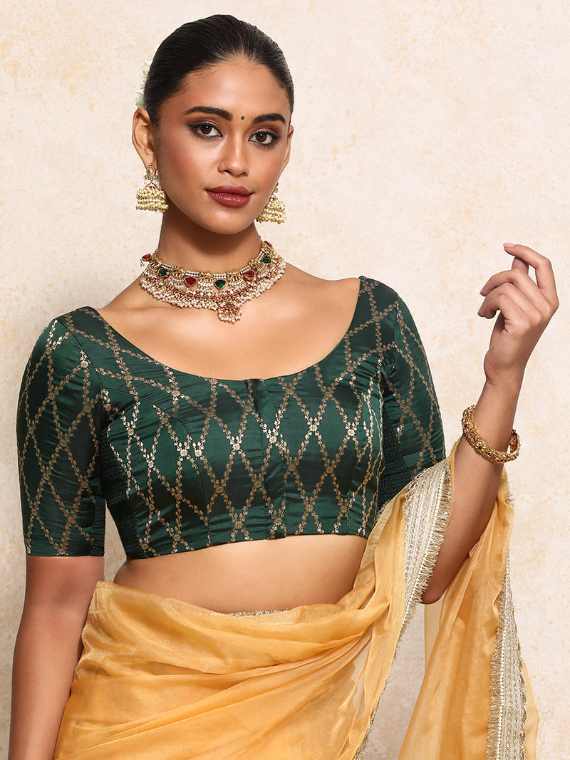 Kumkum x Tyohaar | Elbow Sleeves Saree Blouse in Dark Green Vine Mesh Brocade-Binks