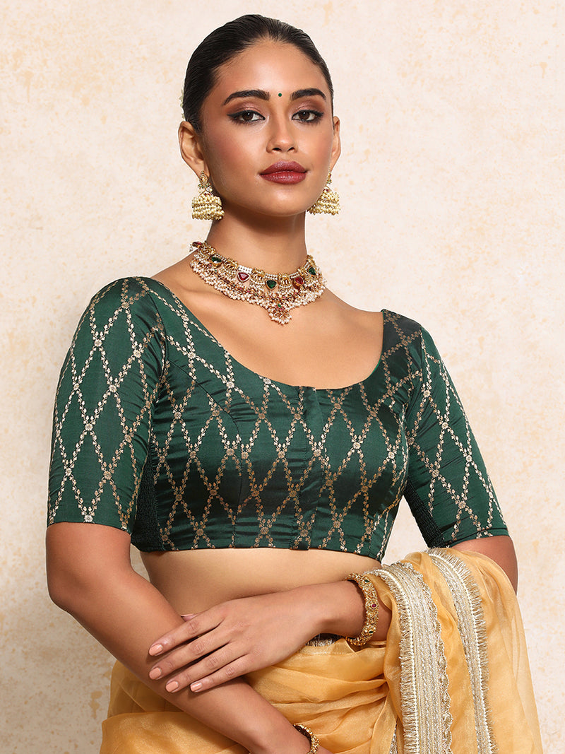 Kumkum x Tyohaar | Elbow Sleeves Saree Blouse in Dark Green Vine Mesh Brocade-Binks
