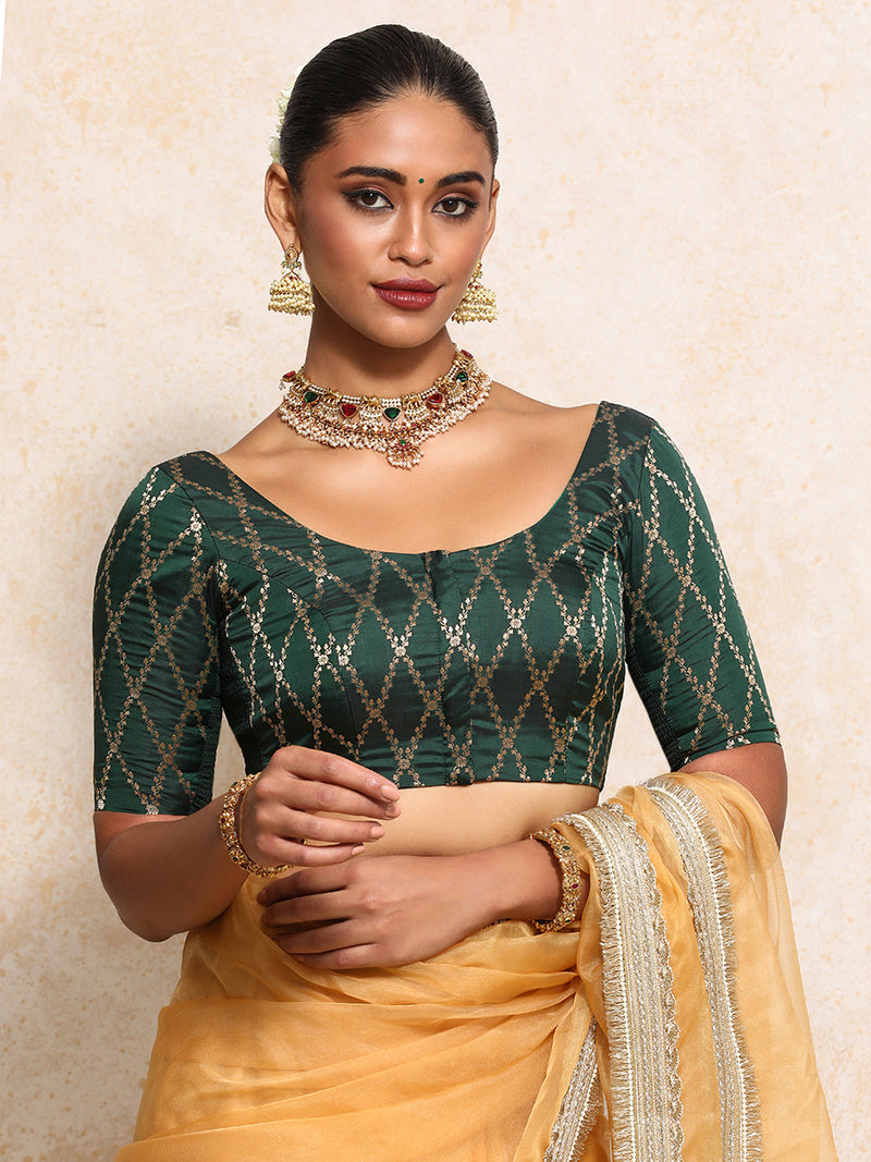 Kumkum x Tyohaar | Elbow Sleeves Saree Blouse in Dark Green Vine Mesh Brocade-Binks