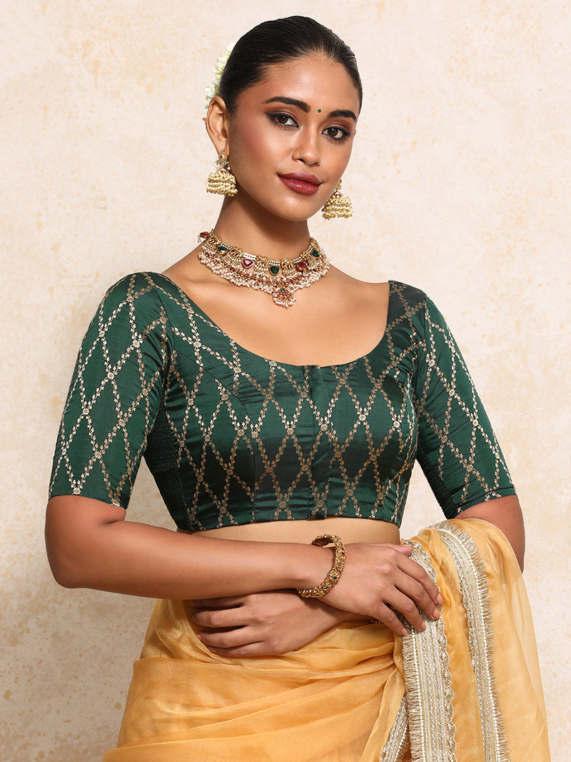 Kumkum x Tyohaar | Elbow Sleeves Saree Blouse in Dark Green Vine Mesh Brocade-Binks