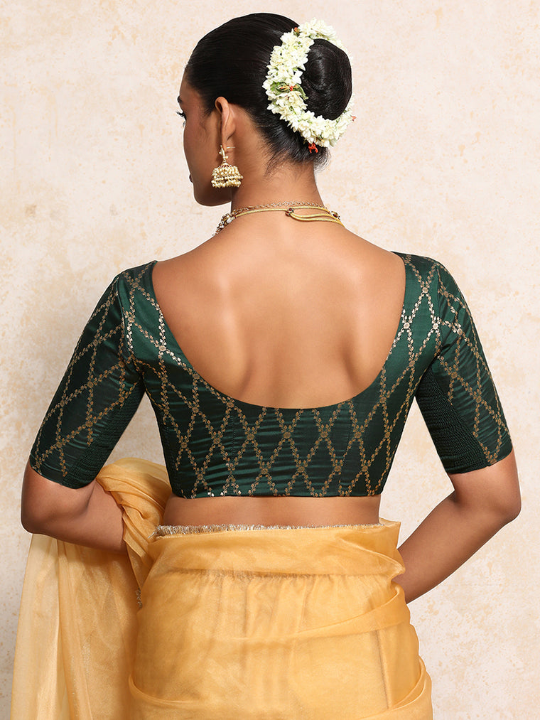 Kumkum x Tyohaar Saree Blouse, in Green Viscose Silk Brocade, featuring elbow sleeves and round neckline (view 2).