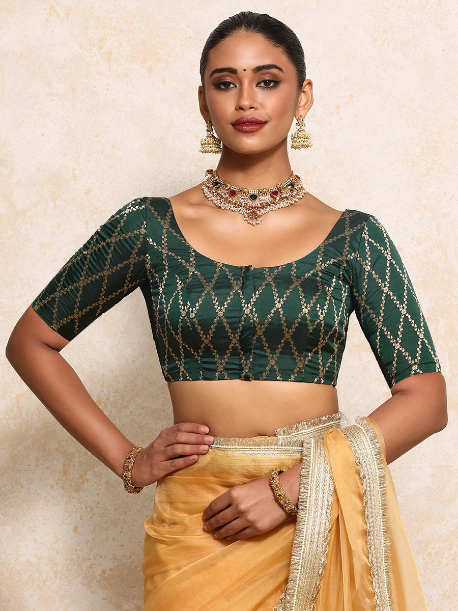 Kumkum x Tyohaar Saree Blouse, in Green Viscose Silk Brocade, featuring elbow sleeves and round neckline (view 5).