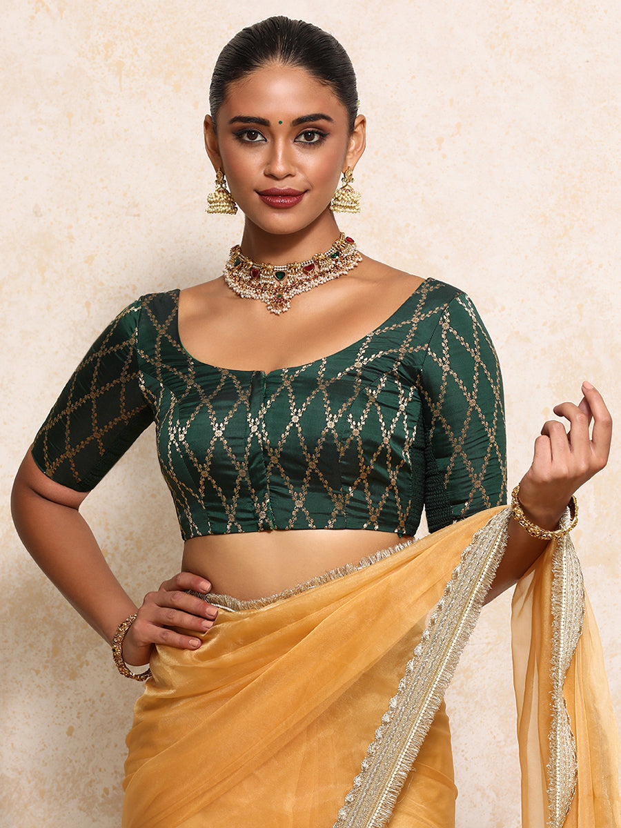 Kumkum x Tyohaar Saree Blouse, in Green Viscose Silk Brocade, featuring elbow sleeves and round neckline (view 8).