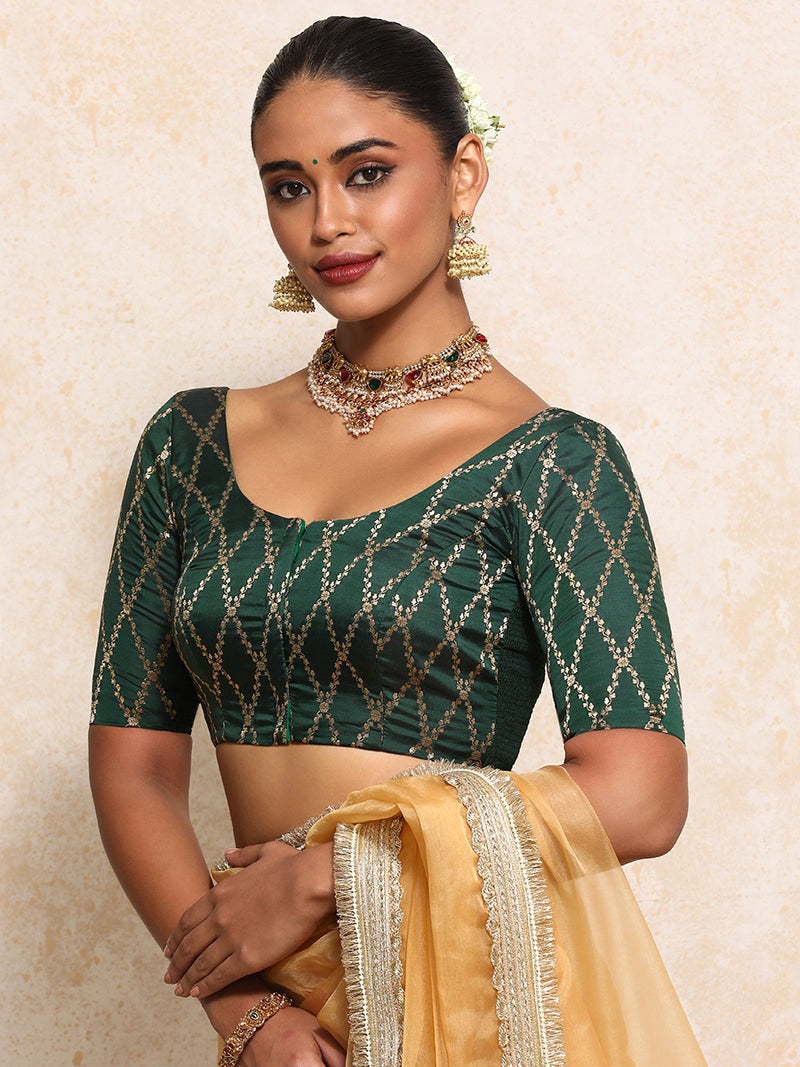 Kumkum x Tyohaar | Elbow Sleeves Saree Blouse in Dark Green Vine Mesh Brocade-Binks