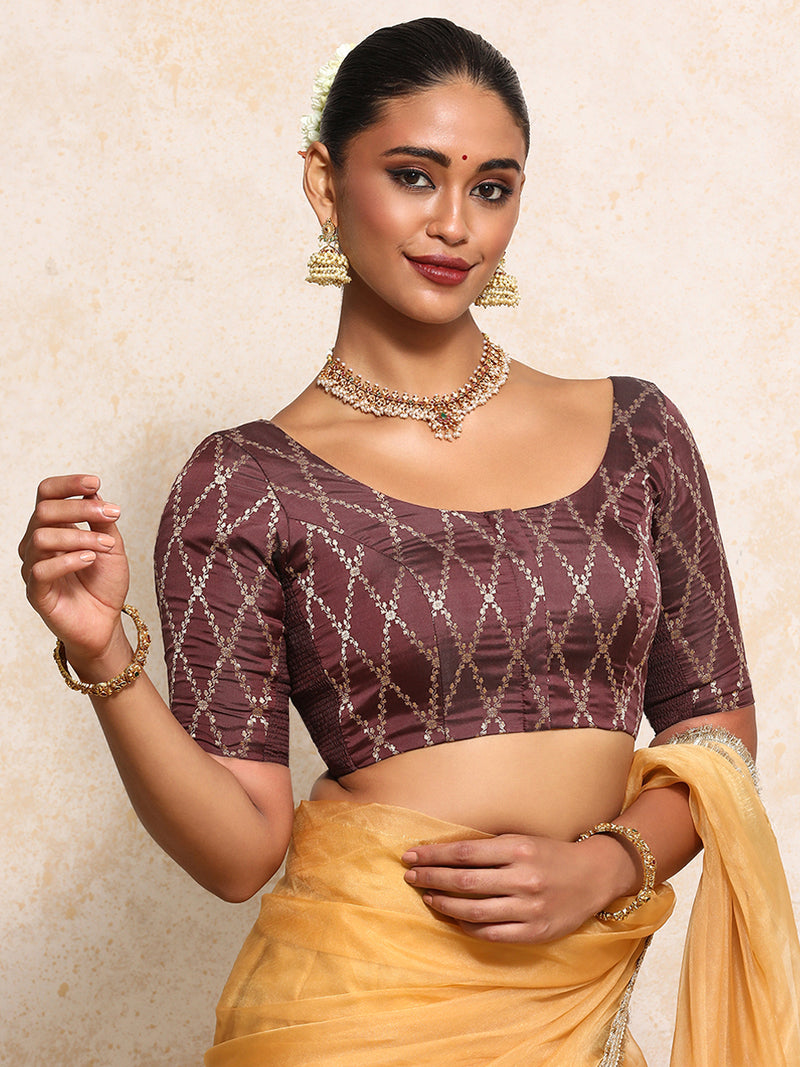Kumkum x Tyohaar | Elbow Sleeves Saree Blouse in Deep Burgundy Vine Mesh Brocade-Binks