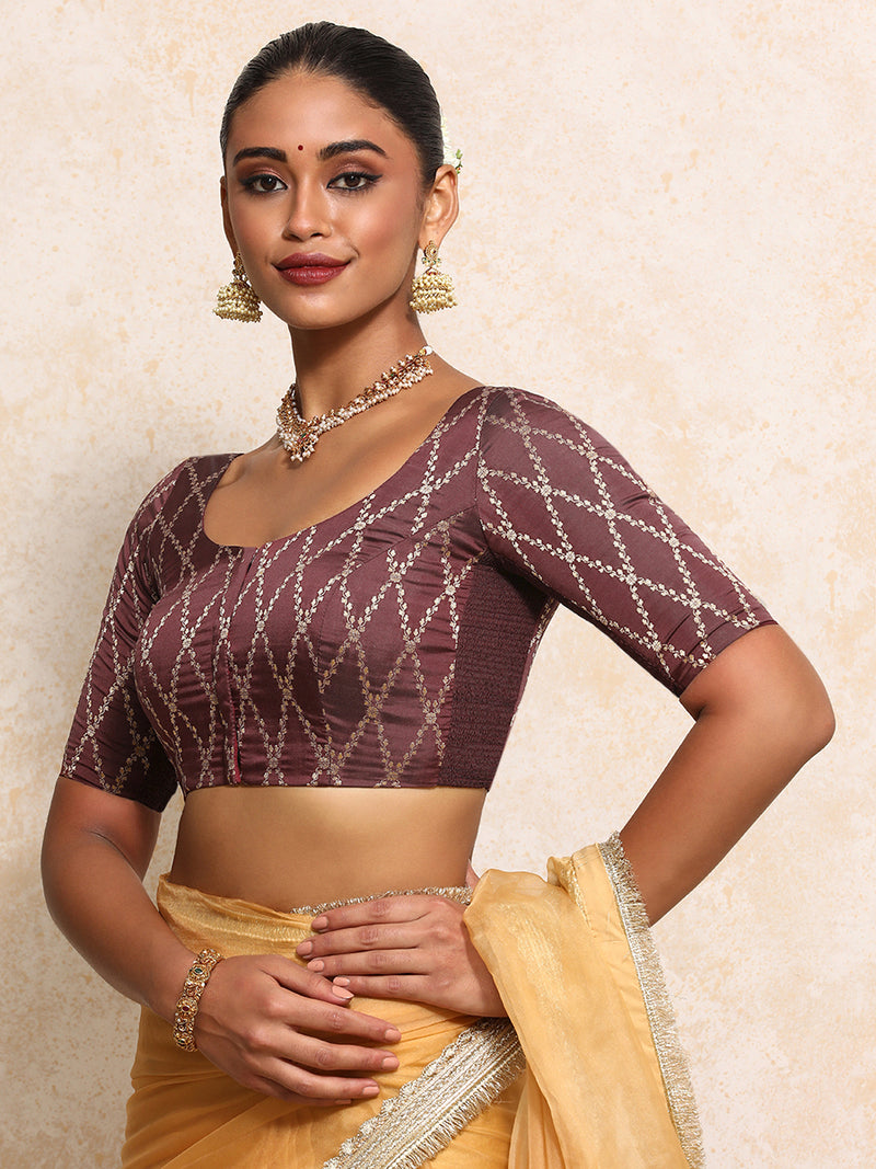 Kumkum x Tyohaar | Elbow Sleeves Saree Blouse in Deep Burgundy Vine Mesh Brocade-Binks