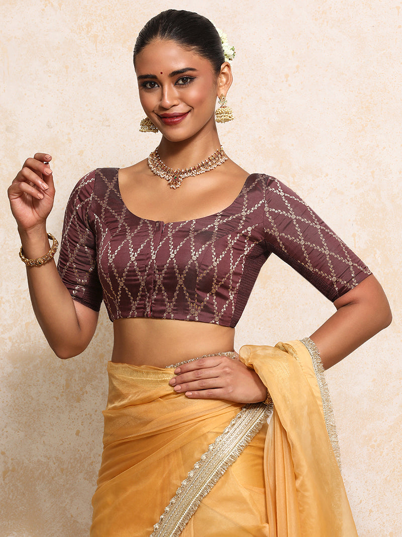 Kumkum x Tyohaar | Elbow Sleeves Saree Blouse in Deep Burgundy Vine Mesh Brocade-Binks