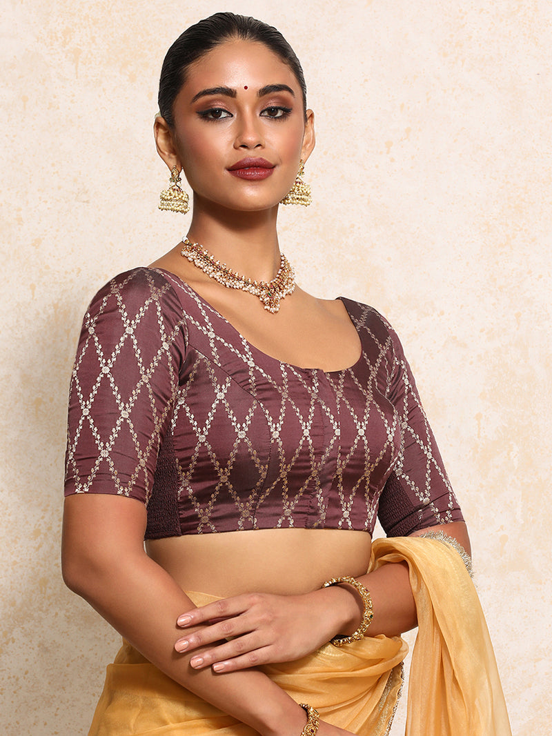 Kumkum x Tyohaar | Elbow Sleeves Saree Blouse in Deep Burgundy Vine Mesh Brocade-Binks