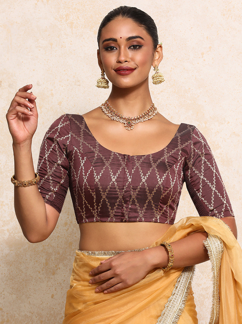 Kumkum x Tyohaar | Elbow Sleeves Saree Blouse in Deep Burgundy Vine Mesh Brocade-Binks