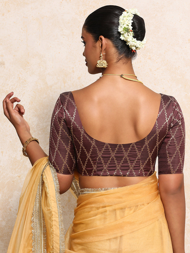 Kumkum x Tyohaar Saree Blouse, in Maroon Viscose Silk Brocade, featuring elbow sleeves and round neckline (view 2).