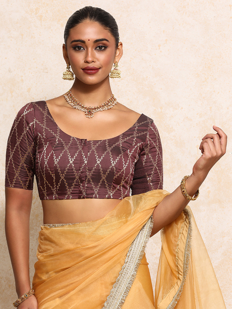 Kumkum x Tyohaar Saree Blouse, in Maroon Viscose Silk Brocade, featuring elbow sleeves and round neckline (view 6).