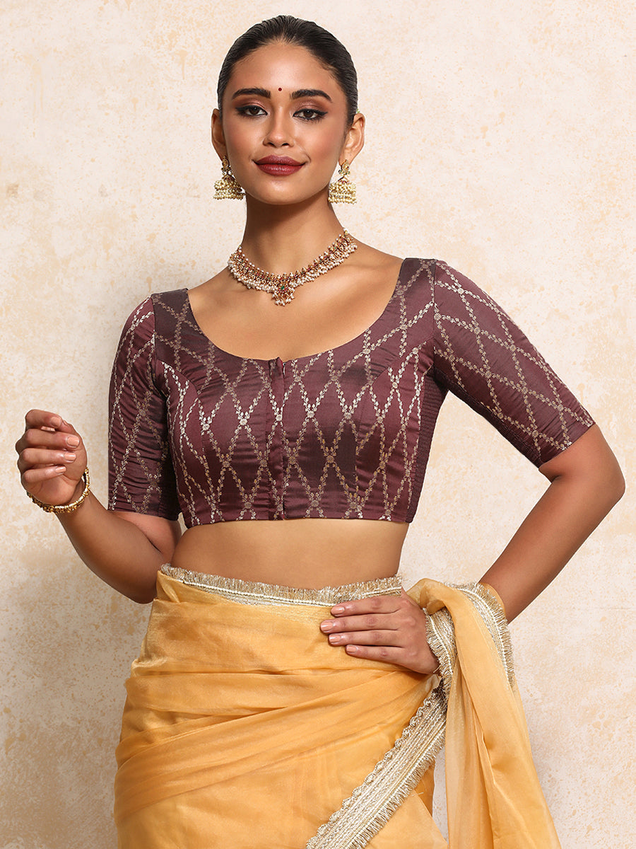 Kumkum x Tyohaar Saree Blouse, in Maroon Viscose Silk Brocade, featuring elbow sleeves and round neckline (view 7).