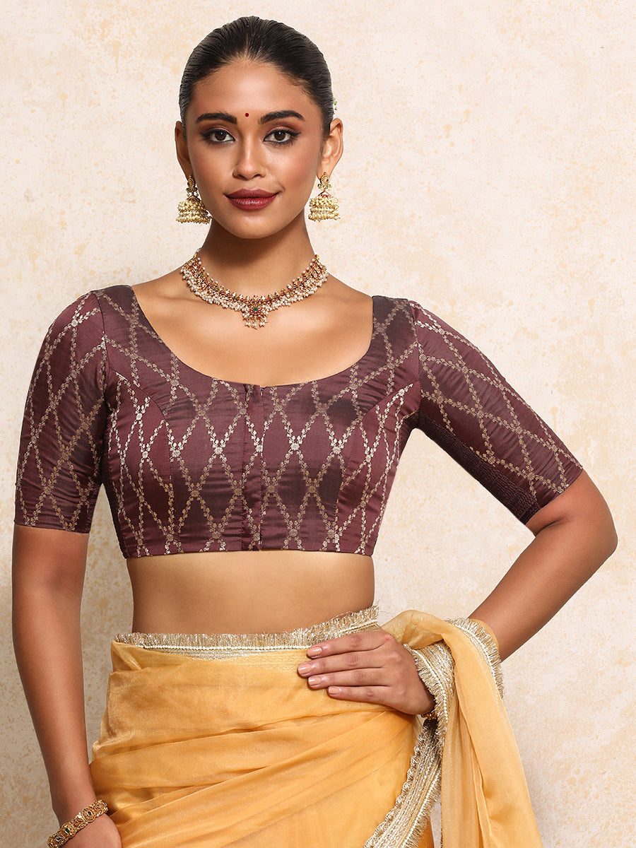 Kumkum x Tyohaar Saree Blouse, in Maroon Viscose Silk Brocade, featuring elbow sleeves and round neckline (view 8).