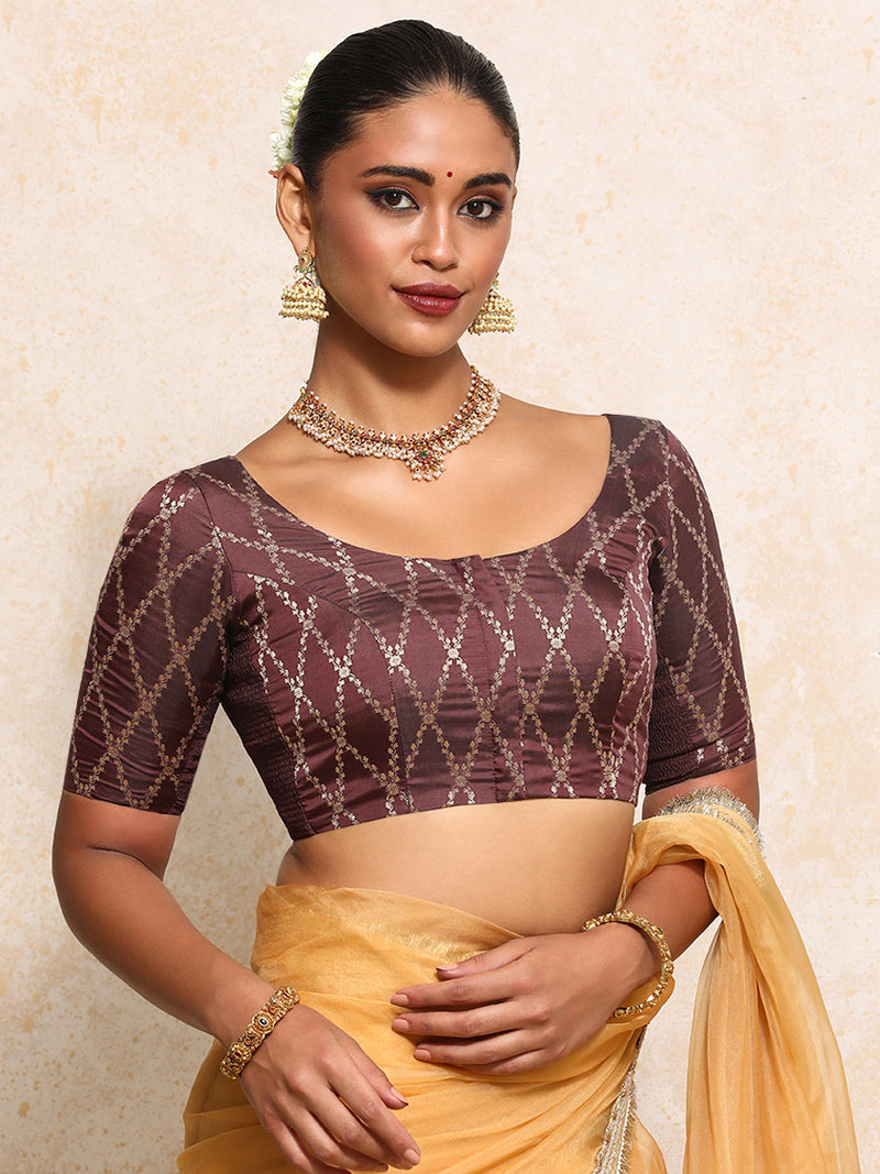 Kumkum x Tyohaar | Elbow Sleeves Saree Blouse in Deep Burgundy Vine Mesh Brocade-Binks