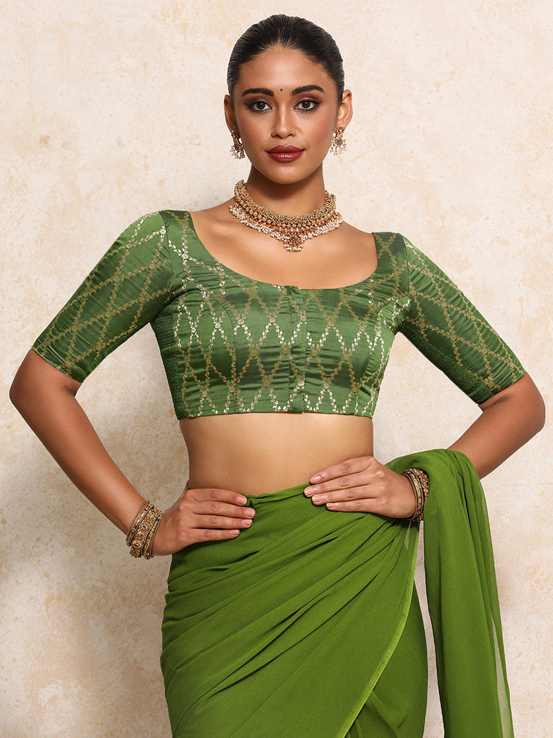 Kumkum x Tyohaar | Elbow Sleeves Saree Blouse in Deep Olive Vine Mesh Brocade-Binks