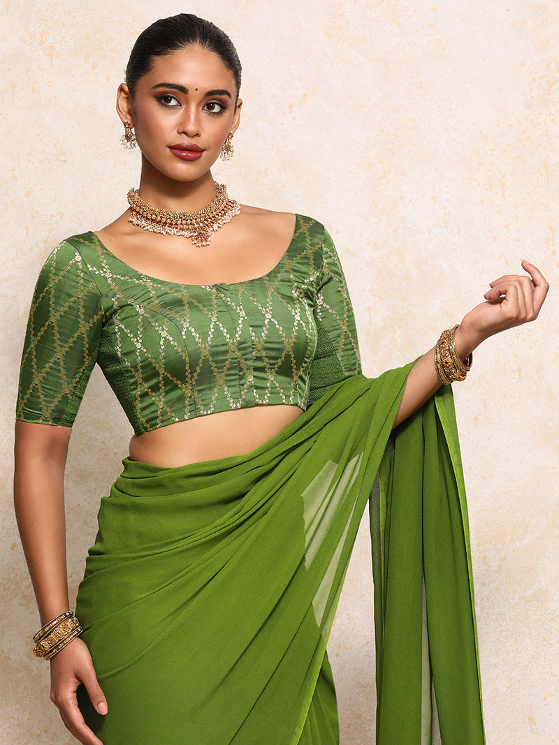 Kumkum x Tyohaar | Elbow Sleeves Saree Blouse in Deep Olive Vine Mesh Brocade-Binks