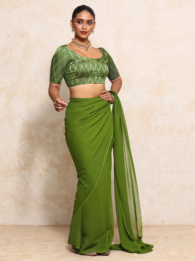 Kumkum x Tyohaar | Elbow Sleeves Saree Blouse in Deep Olive Vine Mesh Brocade-Binks