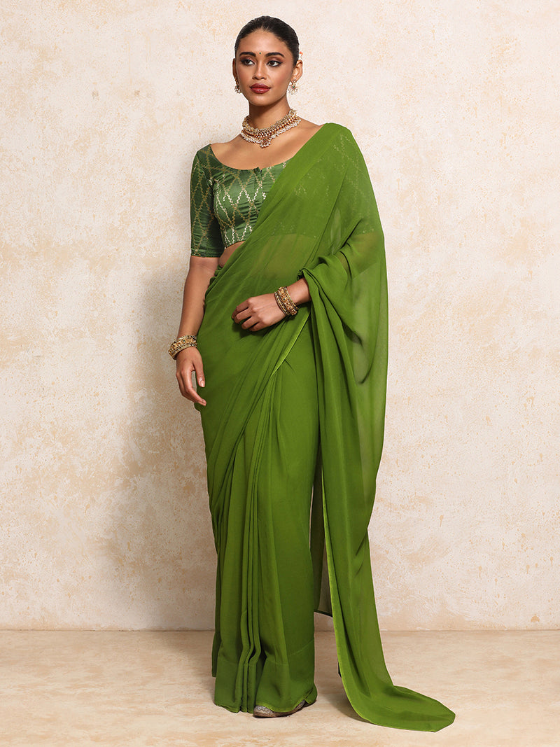 Kumkum x Tyohaar | Elbow Sleeves Saree Blouse in Deep Olive Vine Mesh Brocade-Binks