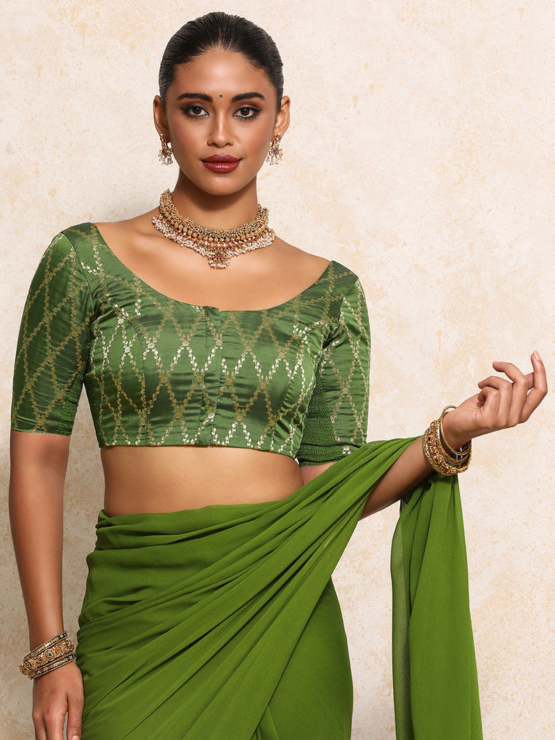 Kumkum x Tyohaar | Elbow Sleeves Saree Blouse in Deep Olive Vine Mesh Brocade-Binks