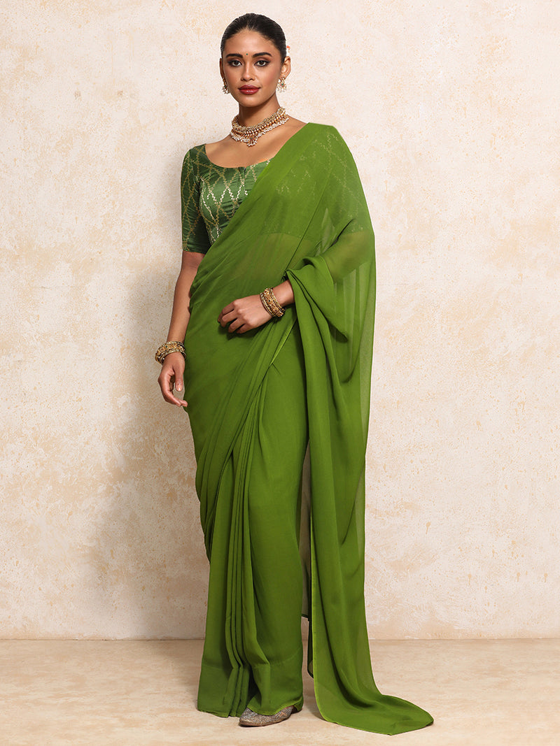 Kumkum x Tyohaar | Elbow Sleeves Saree Blouse in Deep Olive Vine Mesh Brocade-Binks