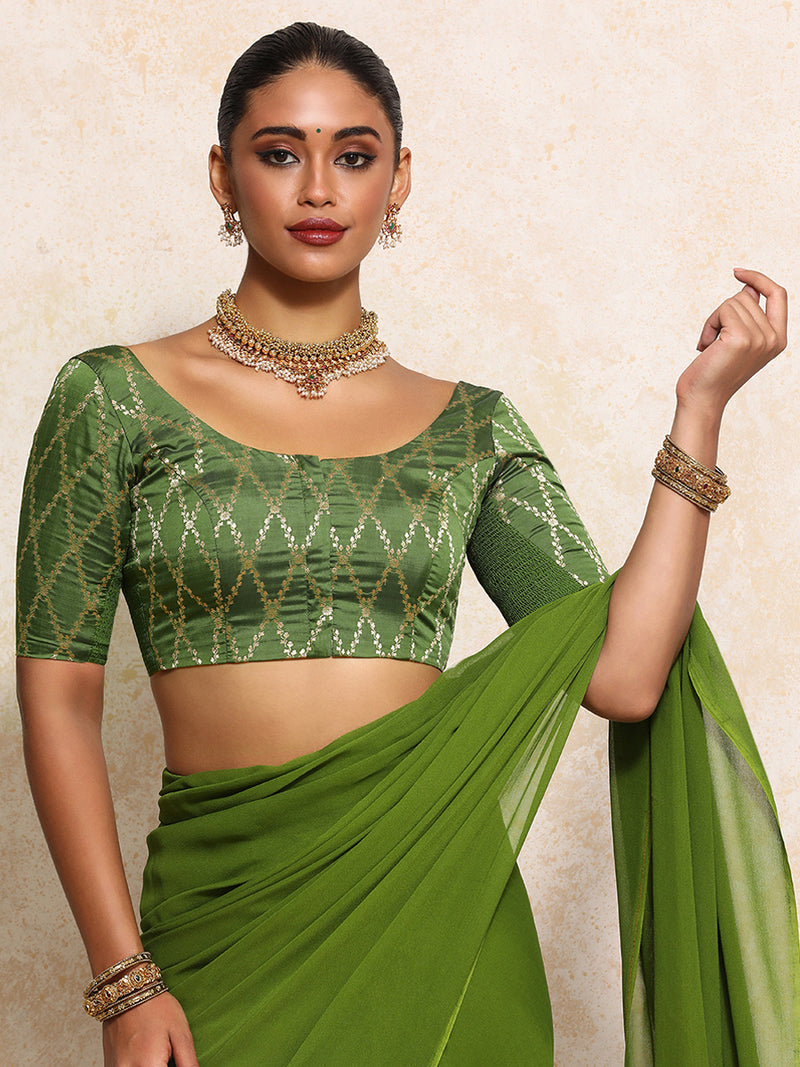Kumkum x Tyohaar | Elbow Sleeves Saree Blouse in Deep Olive Vine Mesh Brocade-Binks