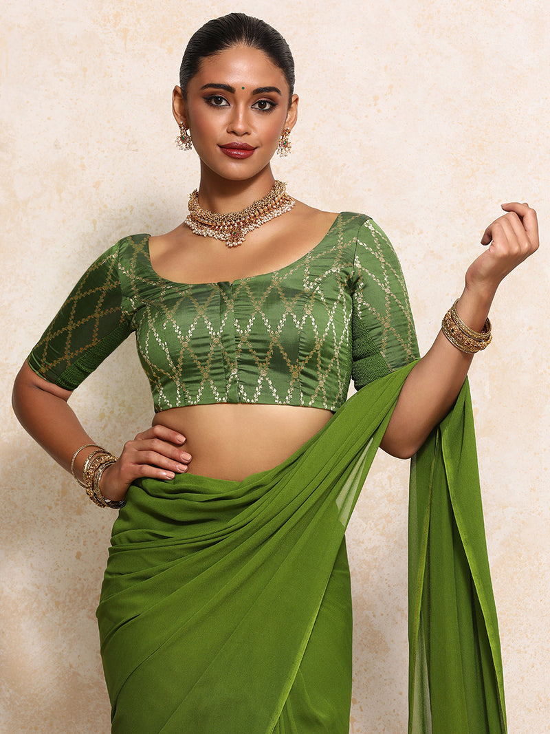 Kumkum x Tyohaar | Elbow Sleeves Saree Blouse in Deep Olive Vine Mesh Brocade-Binks