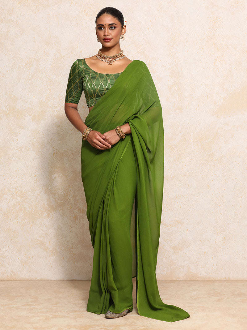 Kumkum x Tyohaar | Elbow Sleeves Saree Blouse in Deep Olive Vine Mesh Brocade-Binks