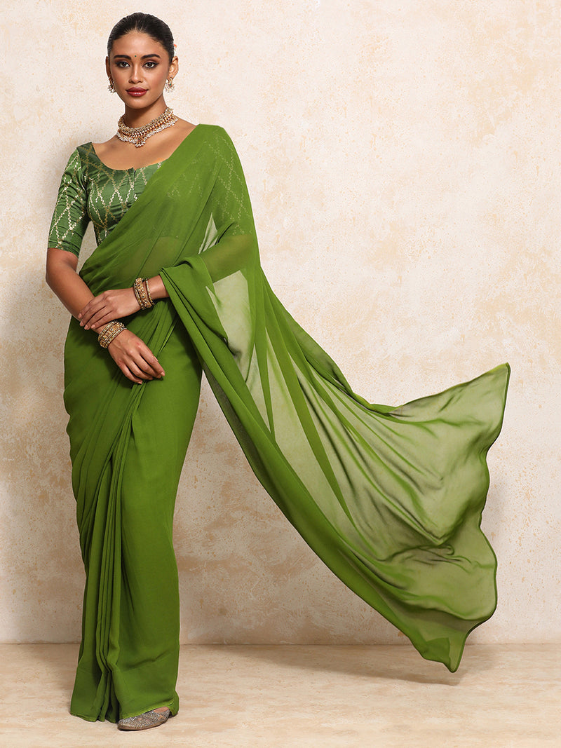 Kumkum x Tyohaar | Elbow Sleeves Saree Blouse in Deep Olive Vine Mesh Brocade-Binks