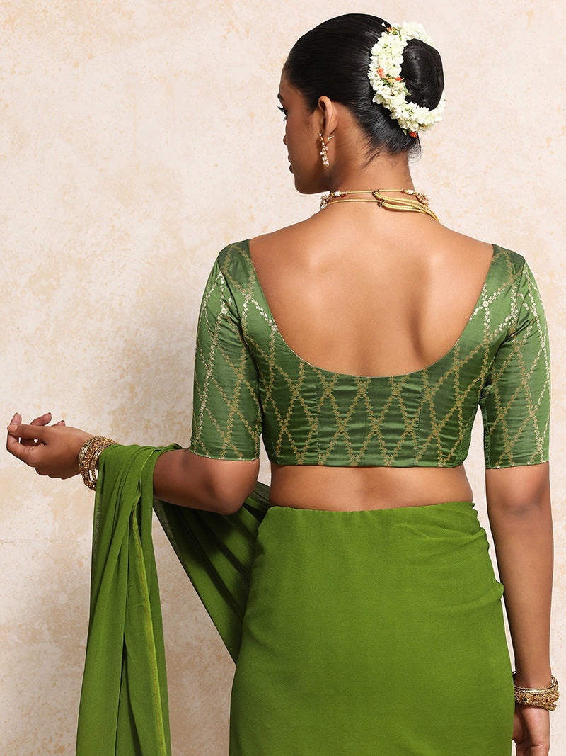 Kumkum x Tyohaar | Elbow Sleeves Saree Blouse in Deep Olive Vine Mesh Brocade-Binks