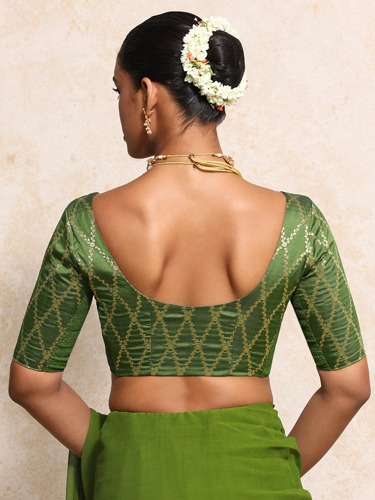Kumkum x Tyohaar Saree Blouse, in Green Viscose Silk Brocade, featuring elbow sleeves and round neckline (view 2).